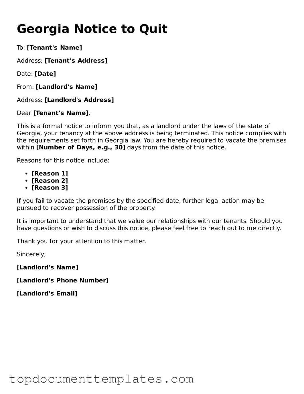 Valid Notice to Quit Form for Georgia State
