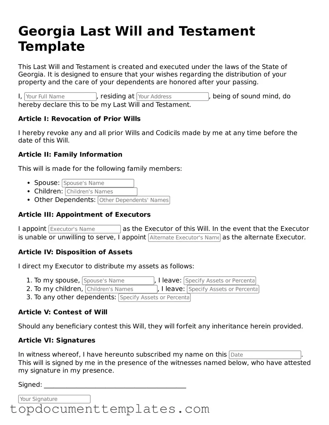 Valid Last Will and Testament Form for Georgia State