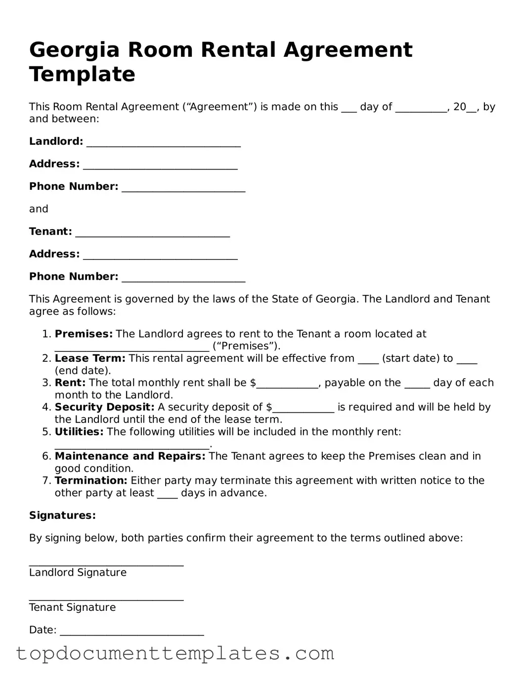 Valid Room Rental Agreement Form for Georgia State