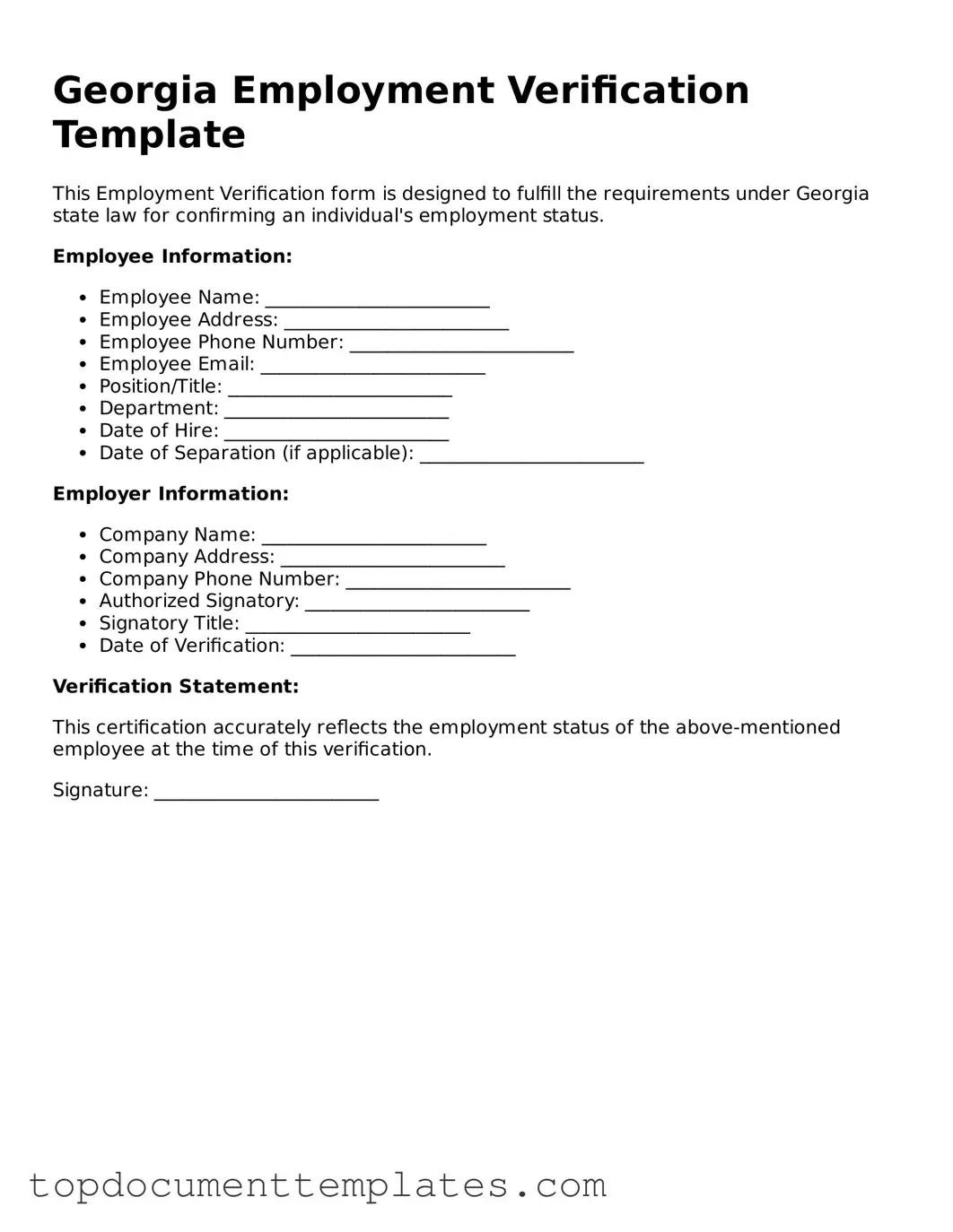 Valid Employment Verification Form for Georgia State