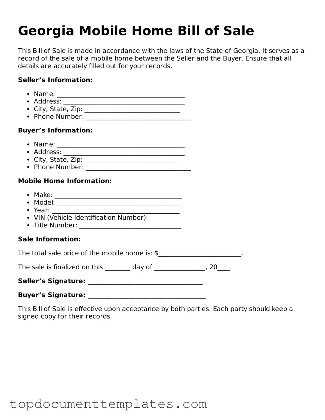 Valid Mobile Home Bill of Sale Form for Georgia State