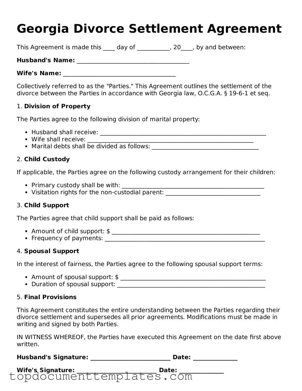 Valid Divorce Settlement Agreement Form for Georgia State