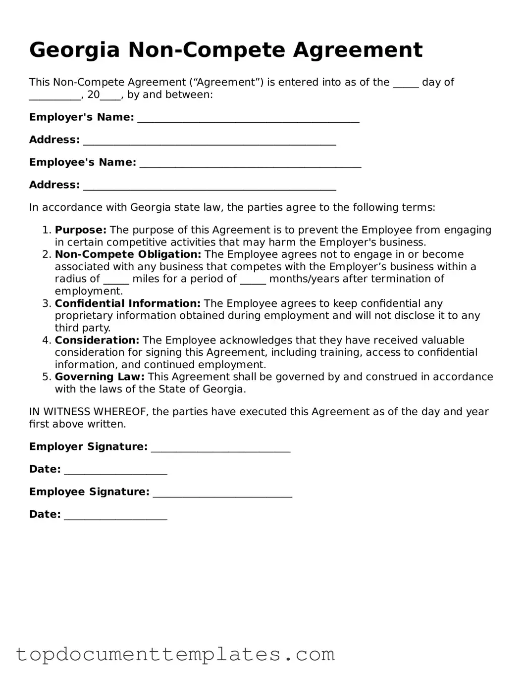 Valid Non-compete Agreement Form for Georgia State