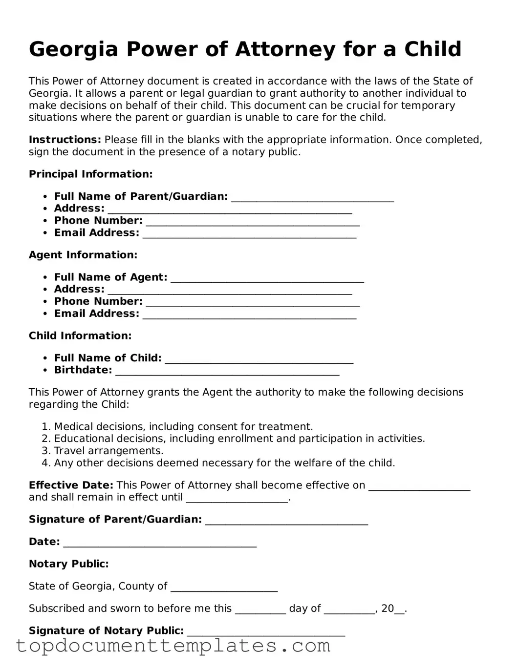 Valid Power of Attorney for a Child Form for Georgia State