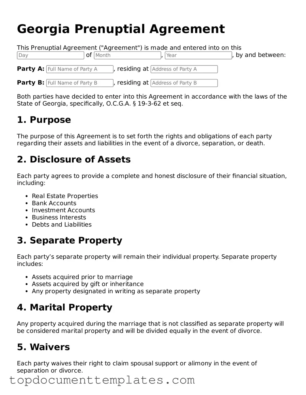 Valid Prenuptial Agreement Form for Georgia State
