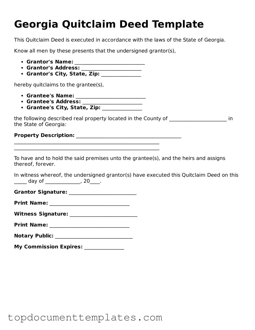 Valid Quitclaim Deed Form for Georgia State