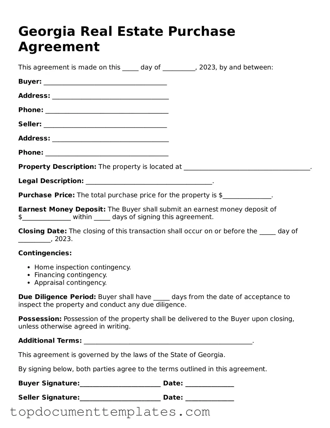 Valid Real Estate Purchase Agreement Form for Georgia State