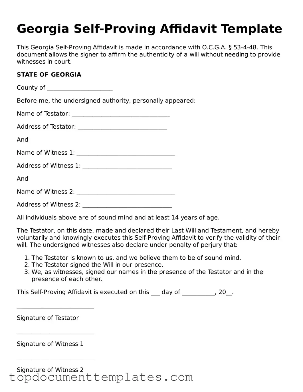 Valid Self-Proving Affidavit Form for Georgia State