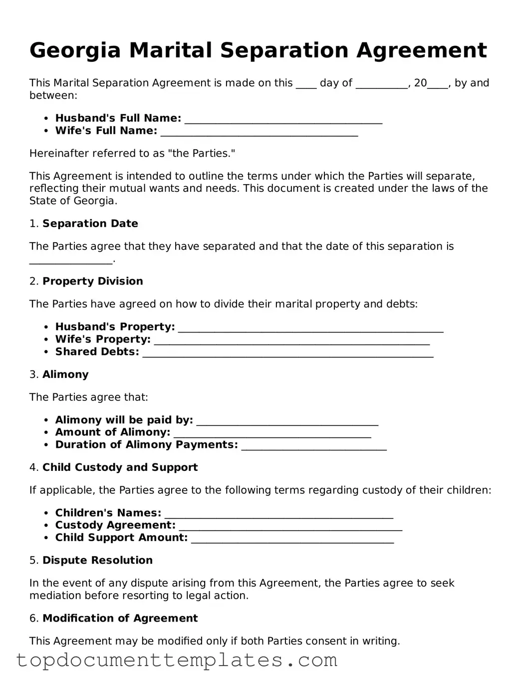 Valid Marital Separation Agreement Form for Georgia State