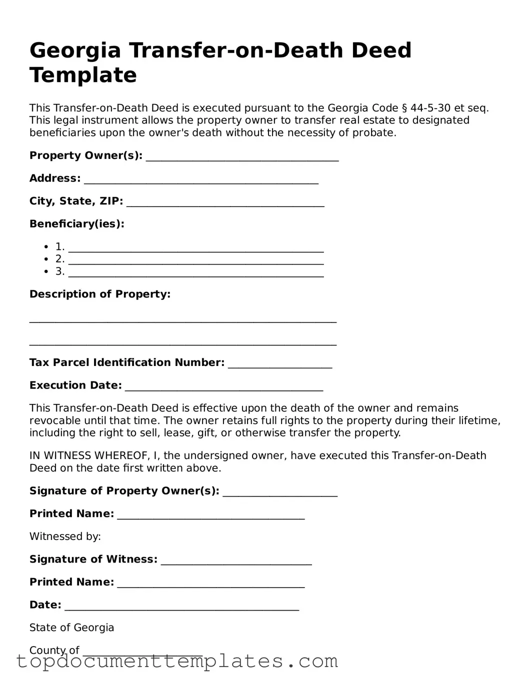 Valid Transfer-on-Death Deed Form for Georgia State