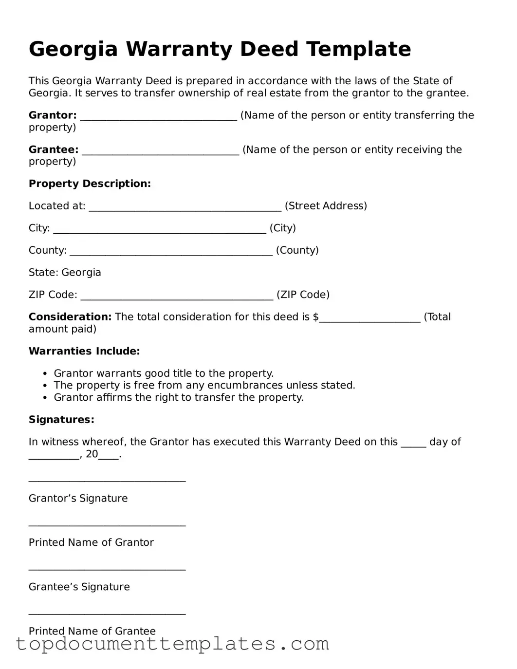 Valid Deed Form for Georgia State