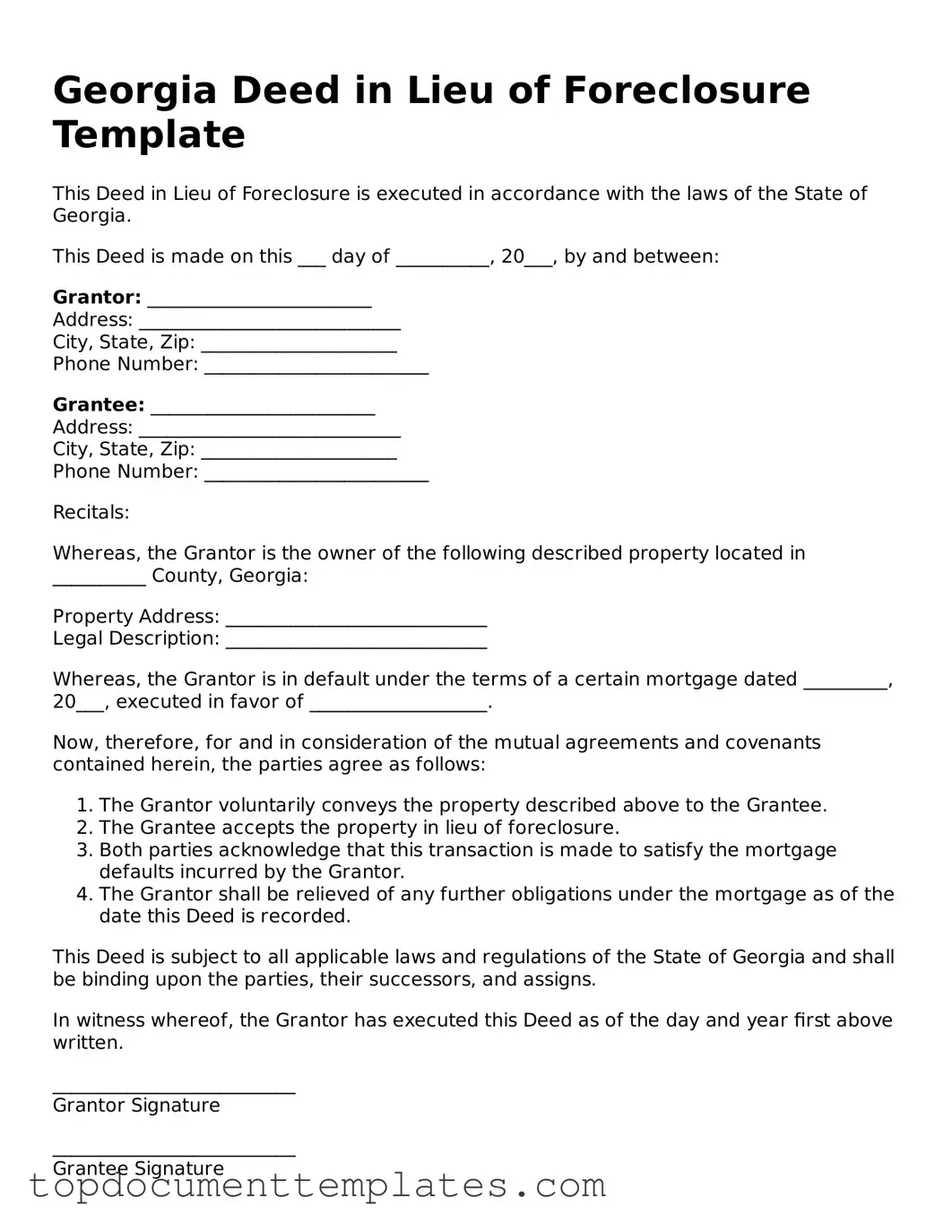 Valid Deed in Lieu of Foreclosure Form for Georgia State
