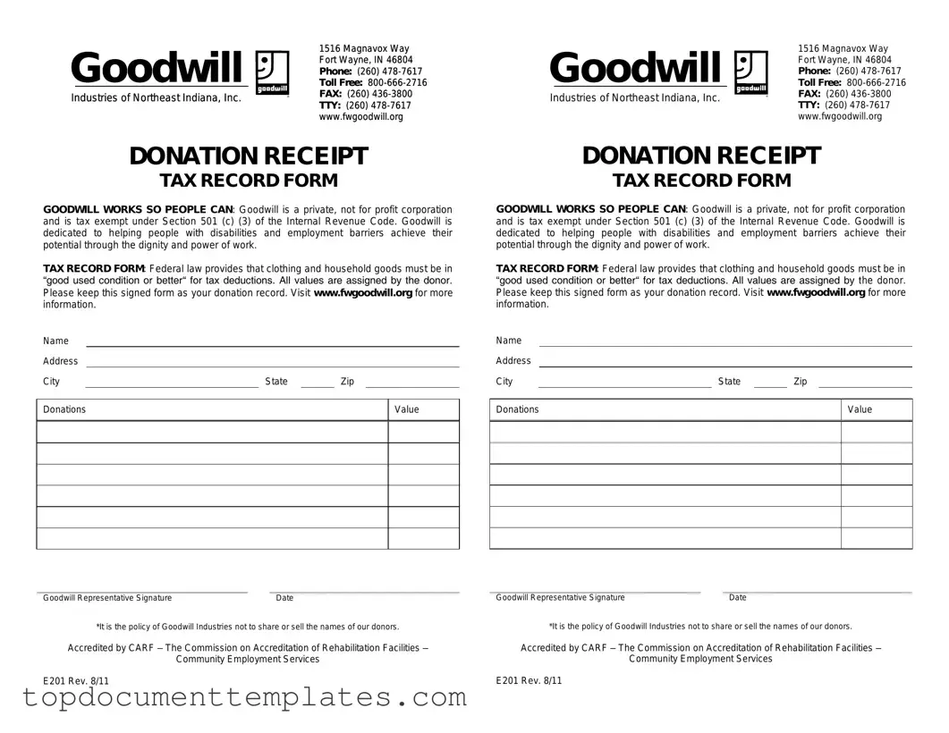 Blank Goodwill donation receipt PDF Form
