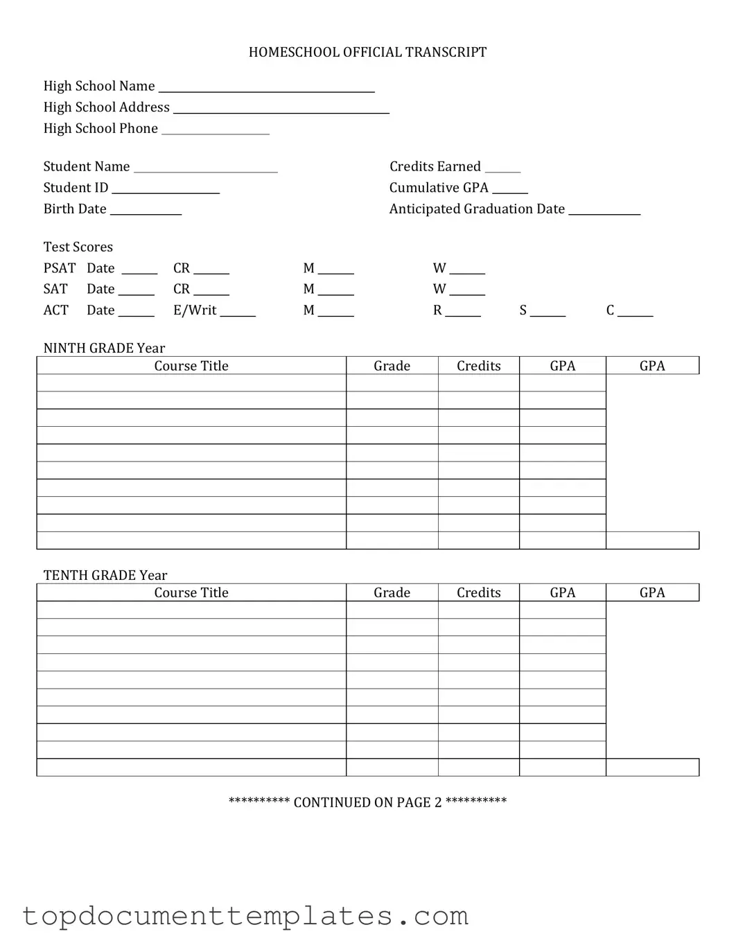 Blank High School Transcript PDF Form