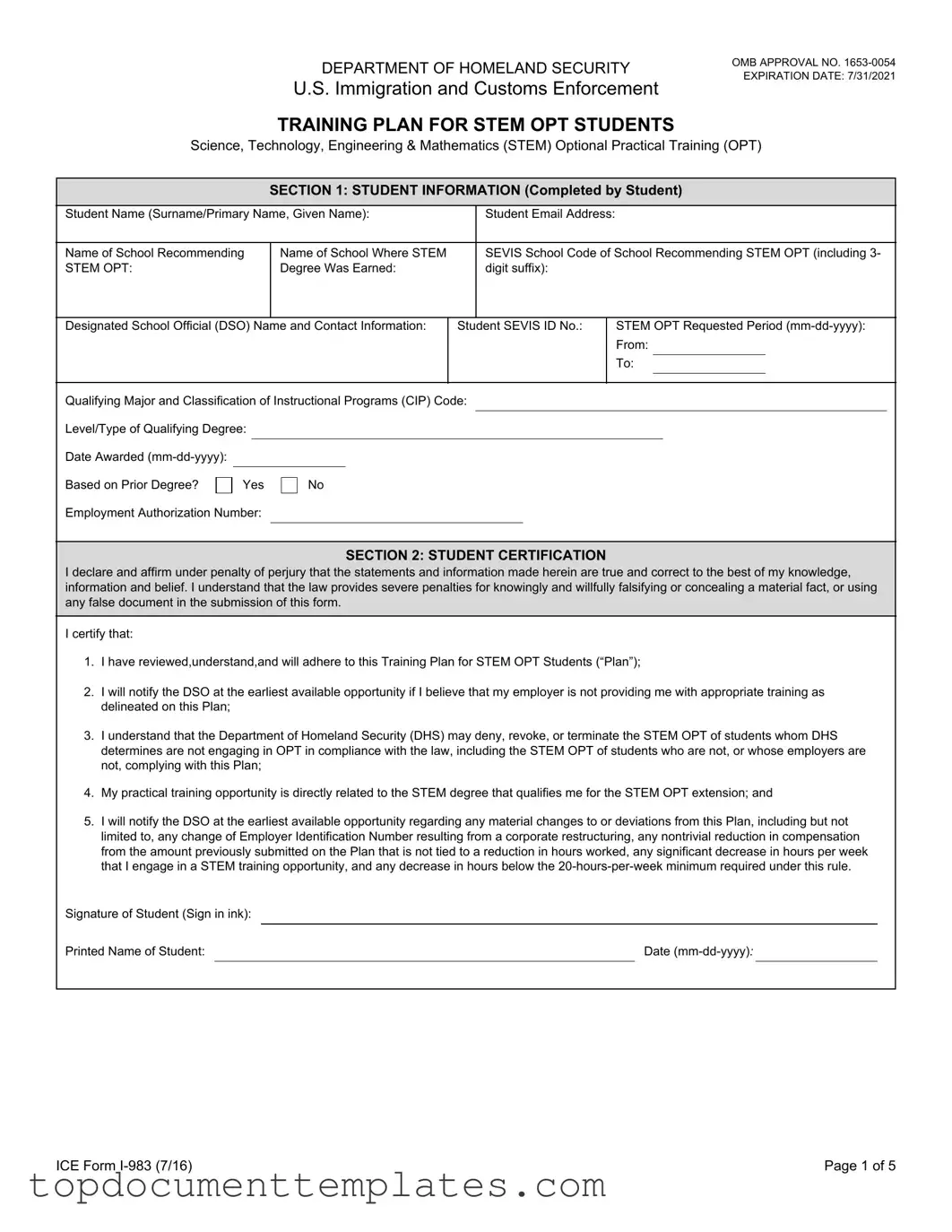 Blank ICE I-983 PDF Form