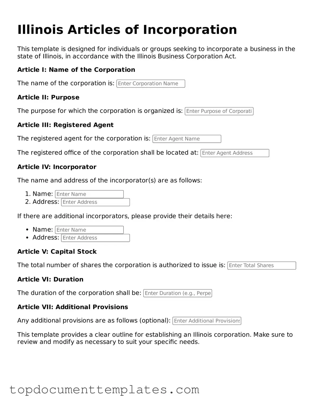 Valid Articles of Incorporation Form for Illinois State