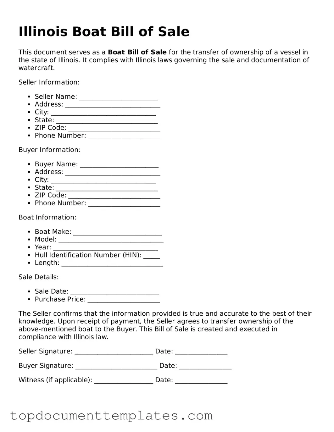Valid Boat Bill of Sale Form for Illinois State