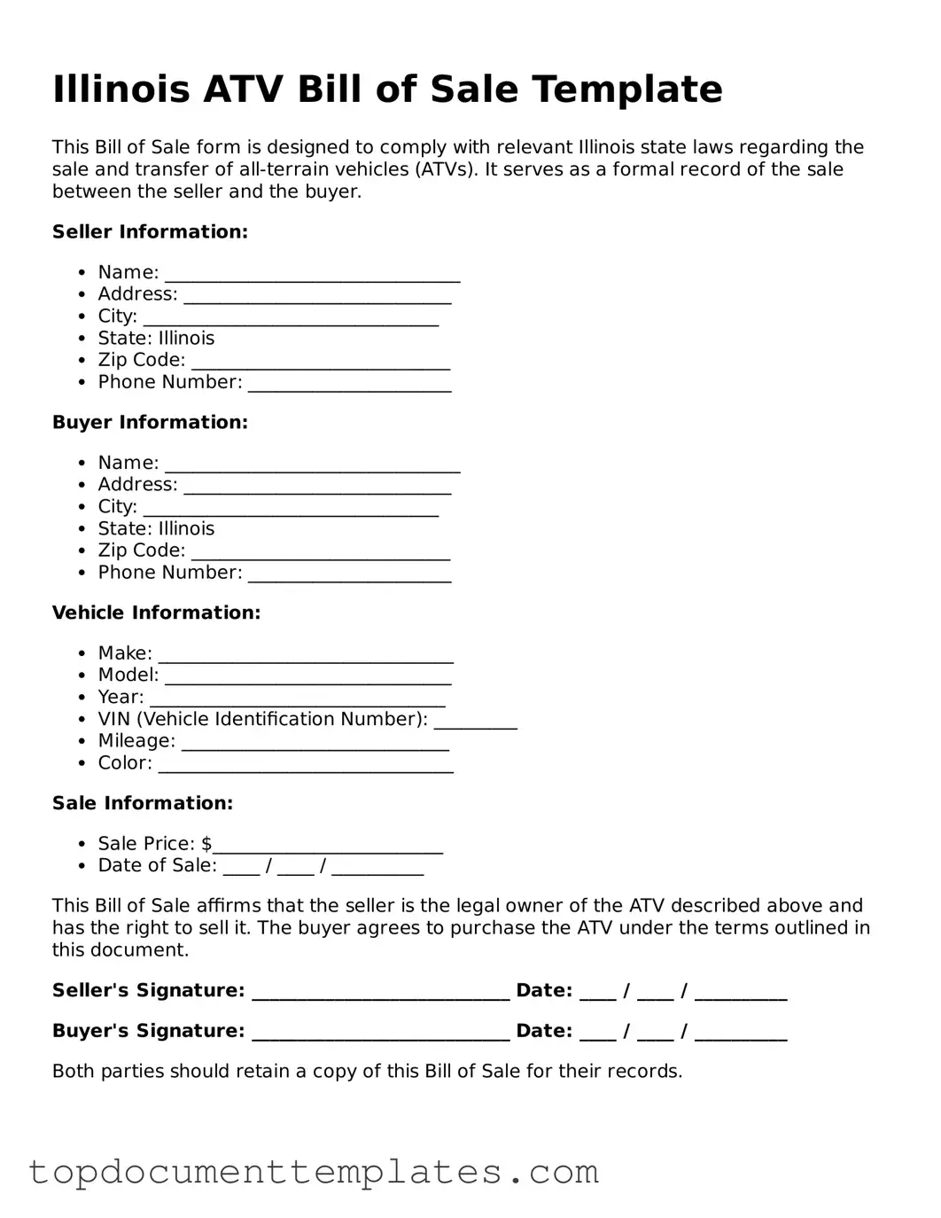 Valid ATV Bill of Sale Form for Illinois State