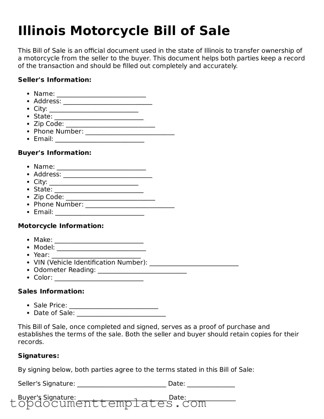 Valid Motorcycle Bill of Sale Form for Illinois State