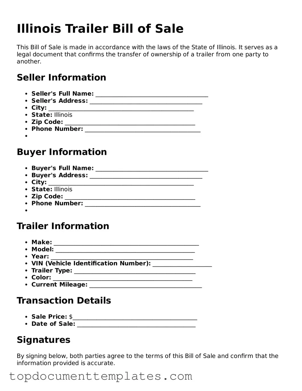 Valid Trailer Bill of Sale Form for Illinois State