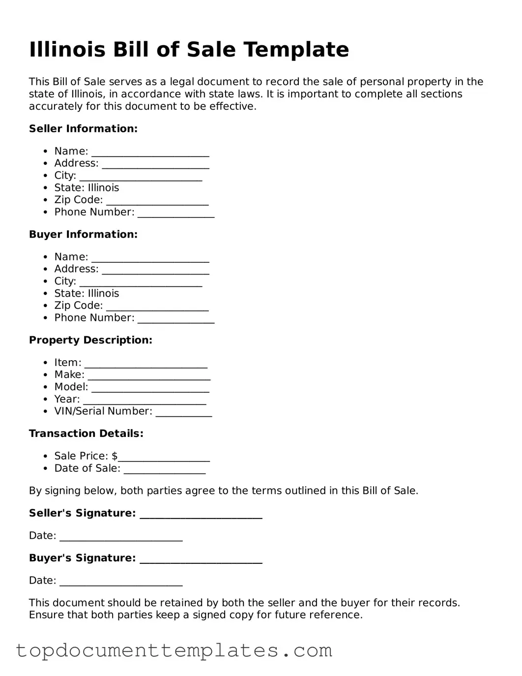 Valid Bill of Sale Form for Illinois State