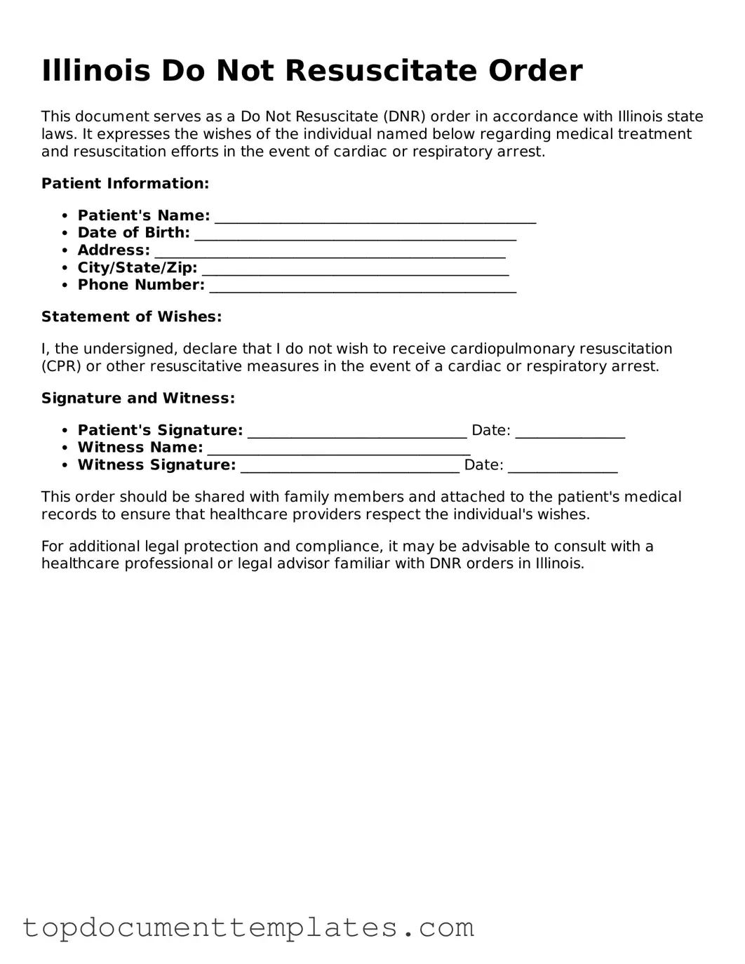 Valid Do Not Resuscitate Order Form for Illinois State