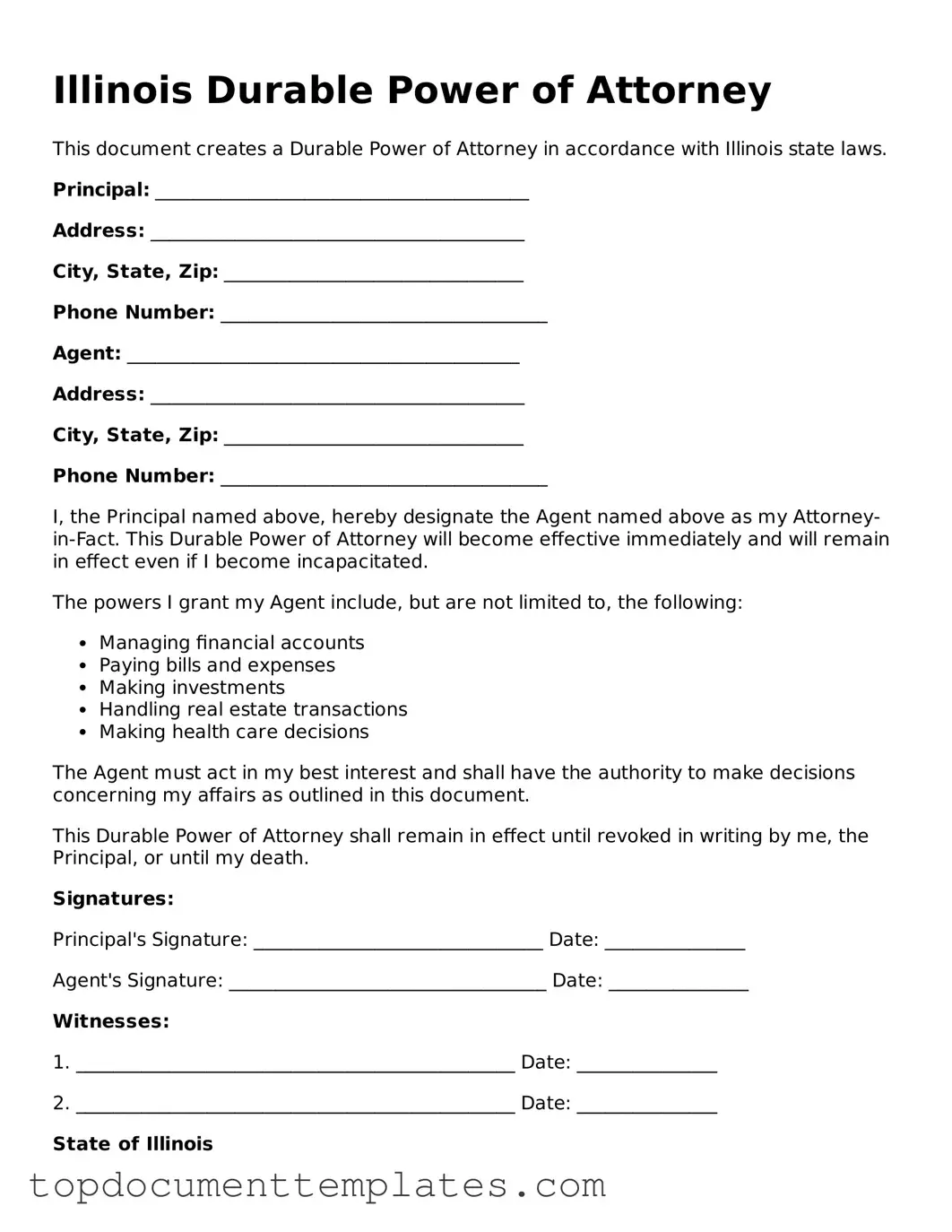 Valid Durable Power of Attorney Form for Illinois State