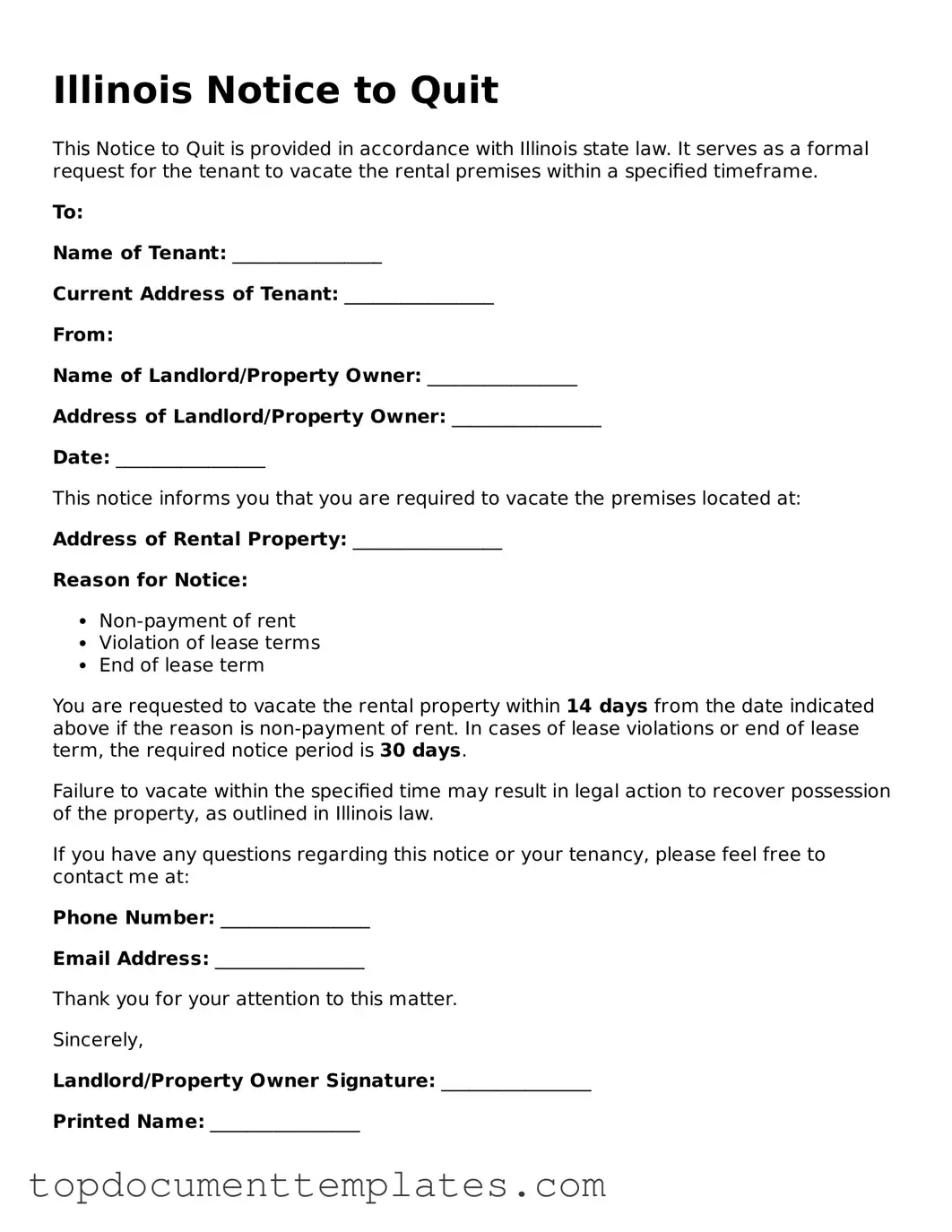 Valid Notice to Quit Form for Illinois State
