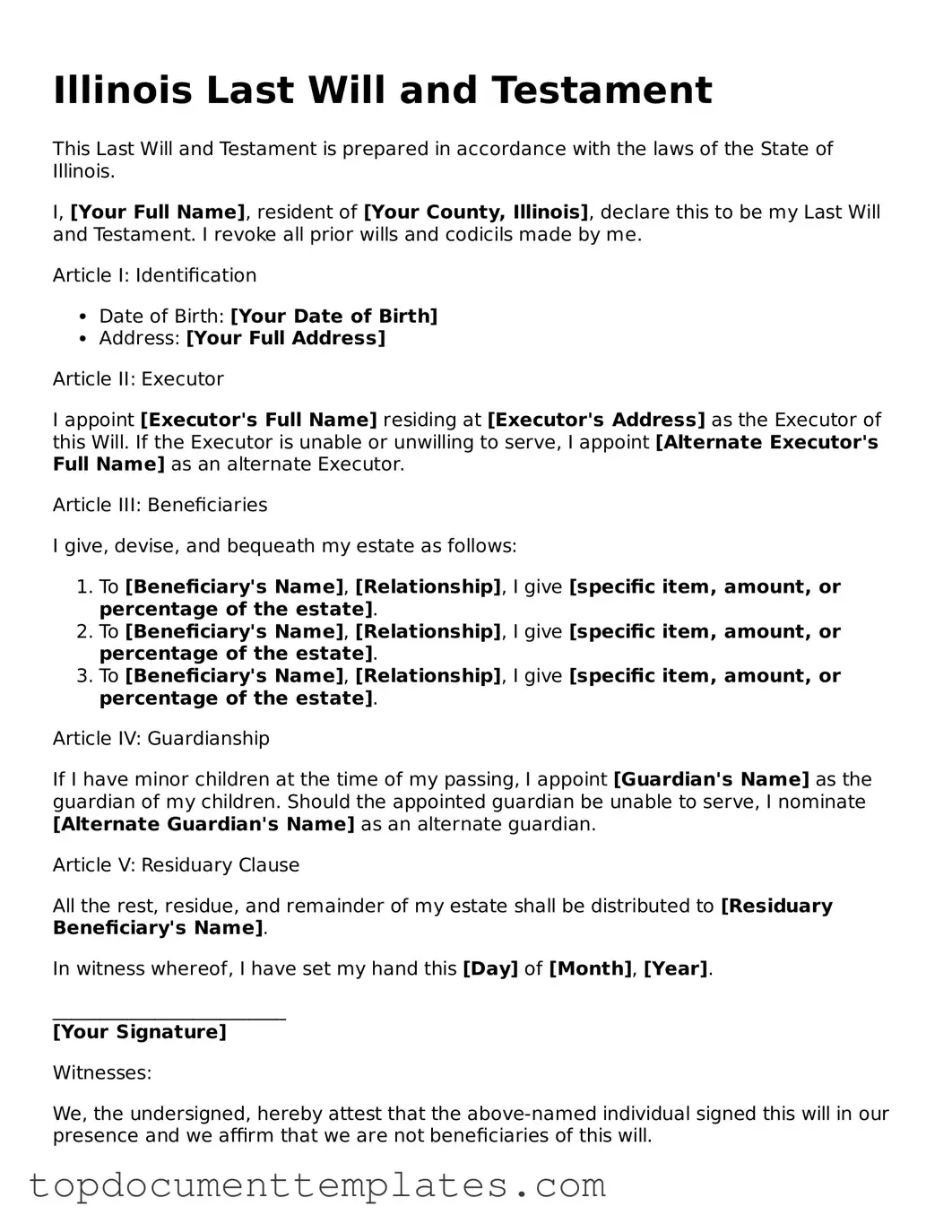 Valid Last Will and Testament Form for Illinois State