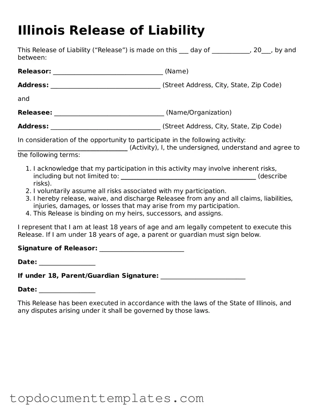 Valid Release of Liability Form for Illinois State