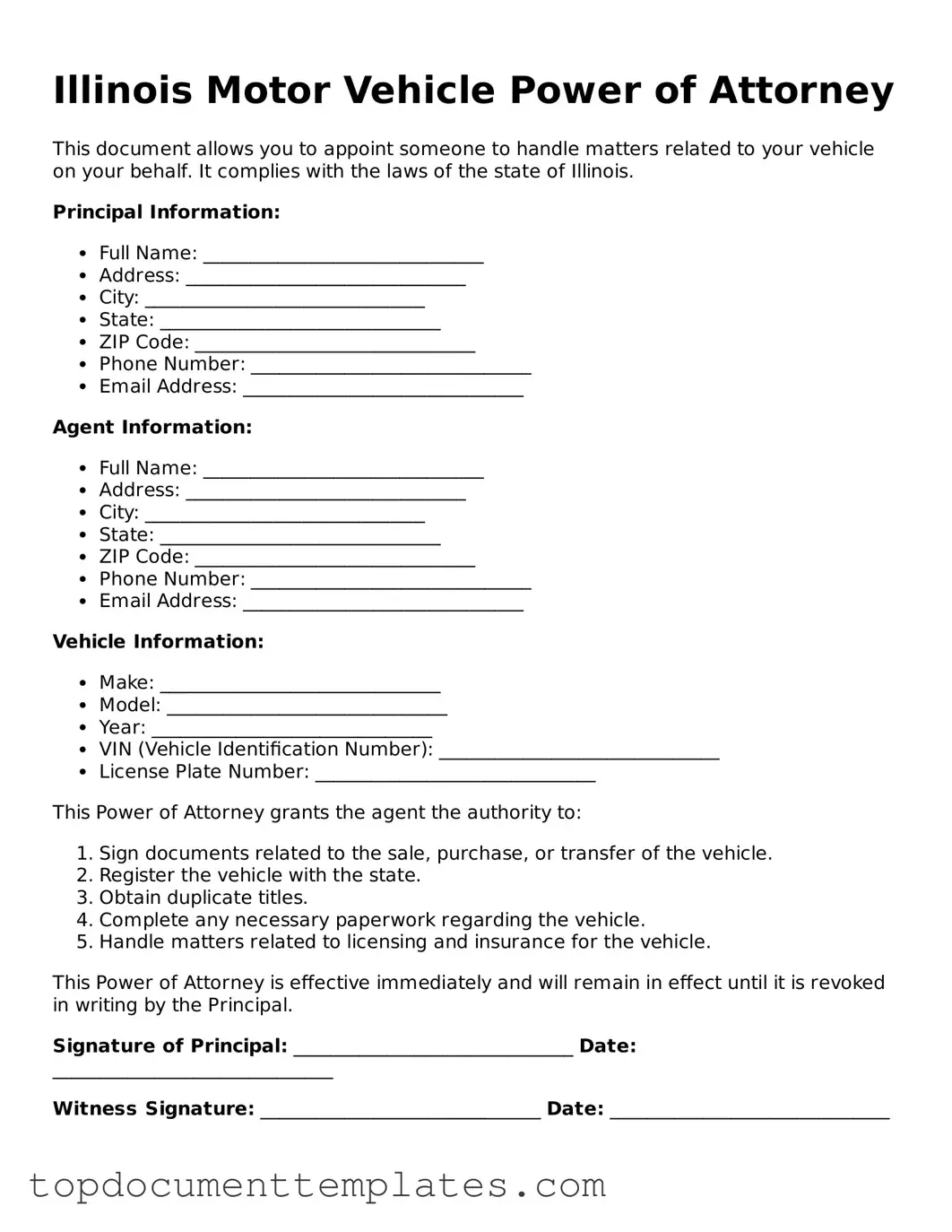 Valid Motor Vehicle Power of Attorney Form for Illinois State