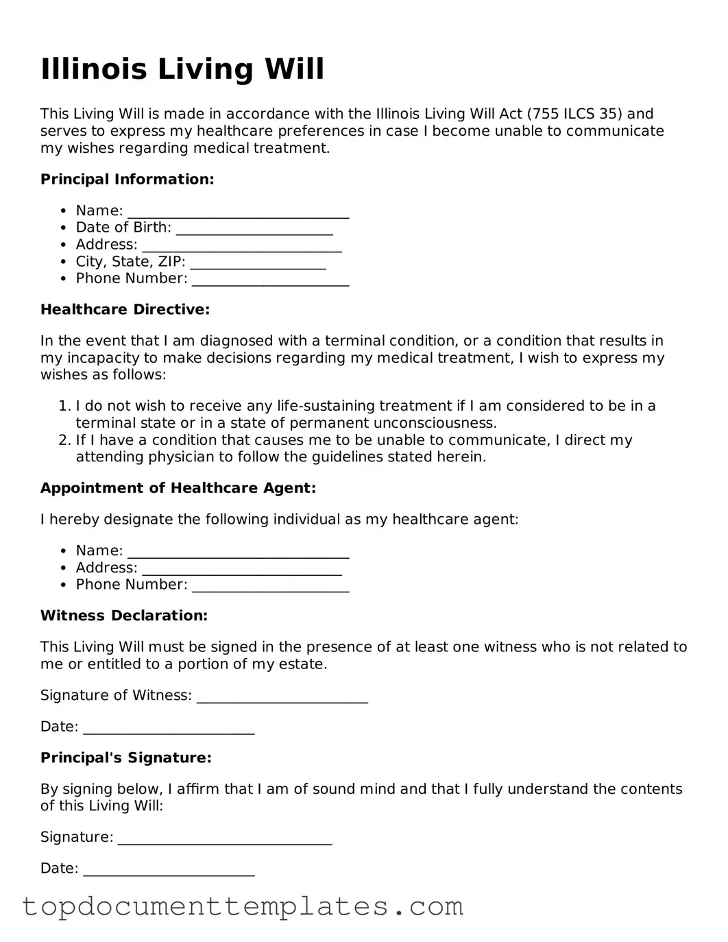 Valid Living Will Form for Illinois State