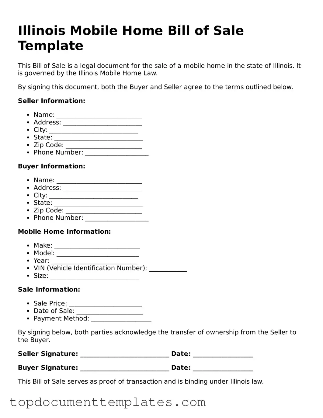 Valid Mobile Home Bill of Sale Form for Illinois State