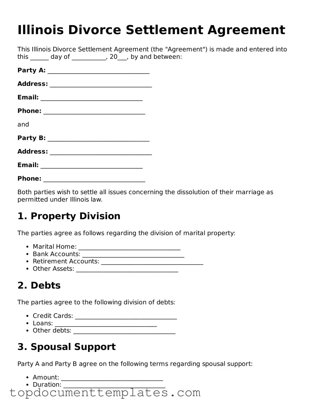 Valid Divorce Settlement Agreement Form for Illinois State