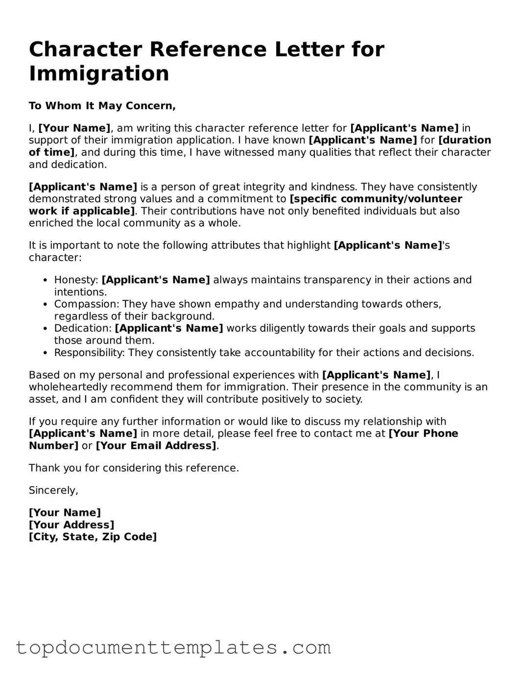 Official Character Reference Letter for Immigration Template