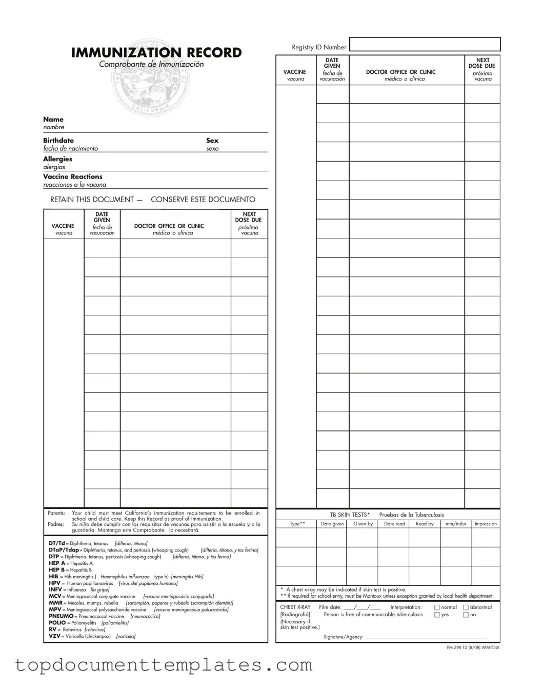 Blank Immunization Record PDF Form