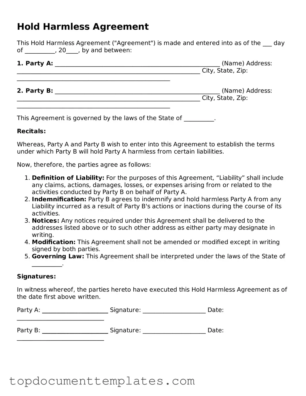 Official Hold Harmless Agreement Template