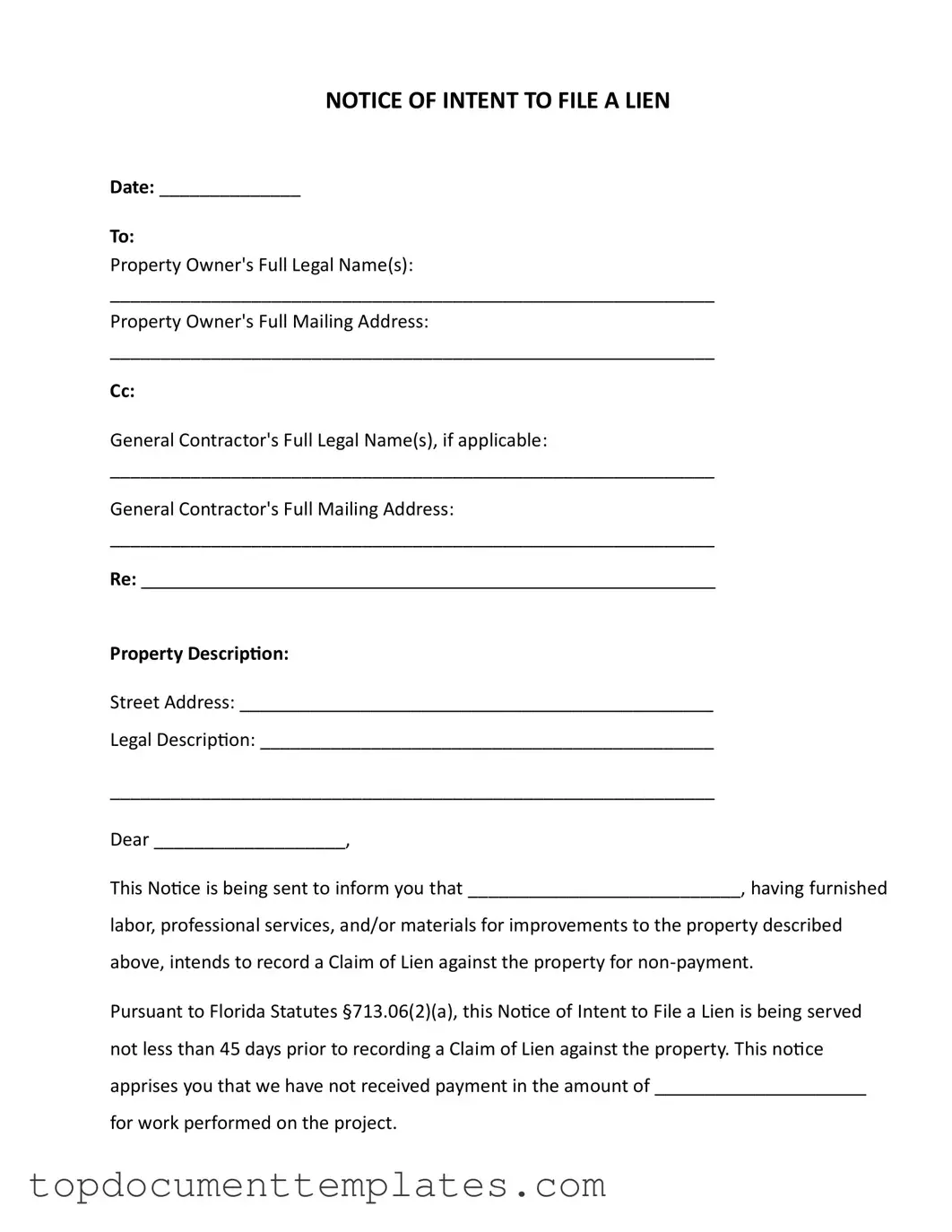 Blank Intent To Lien Florida PDF Form