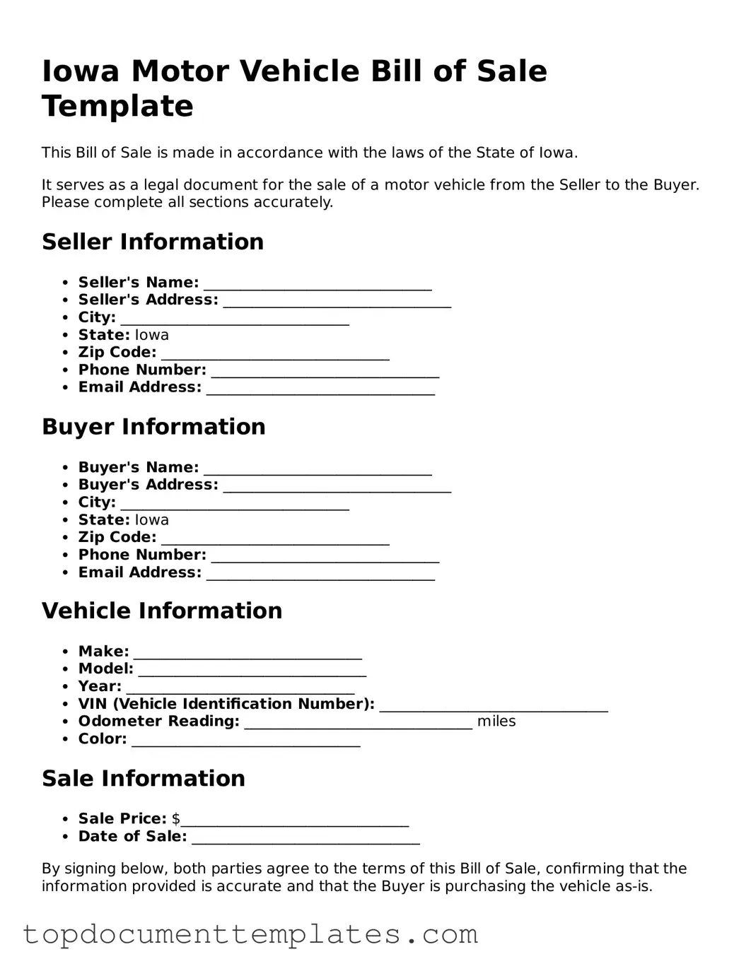 Valid Motor Vehicle Bill of Sale Form for Iowa State