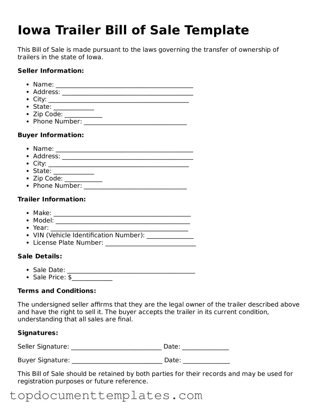 Valid Trailer Bill of Sale Form for Iowa State