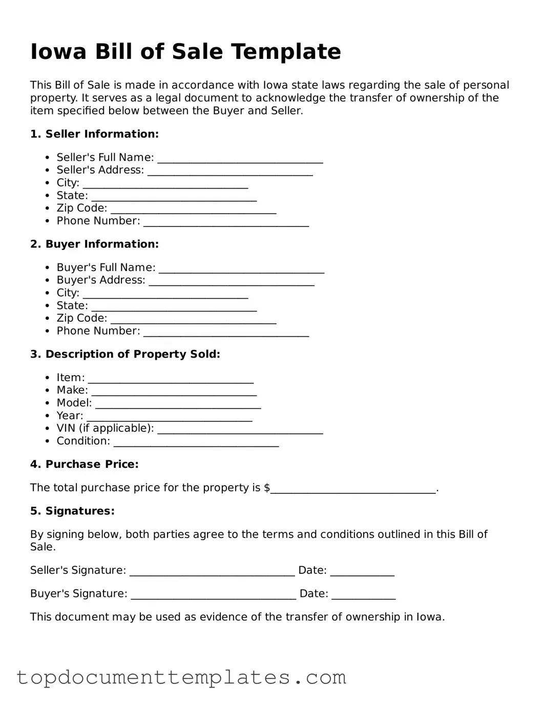 Valid Bill of Sale Form for Iowa State
