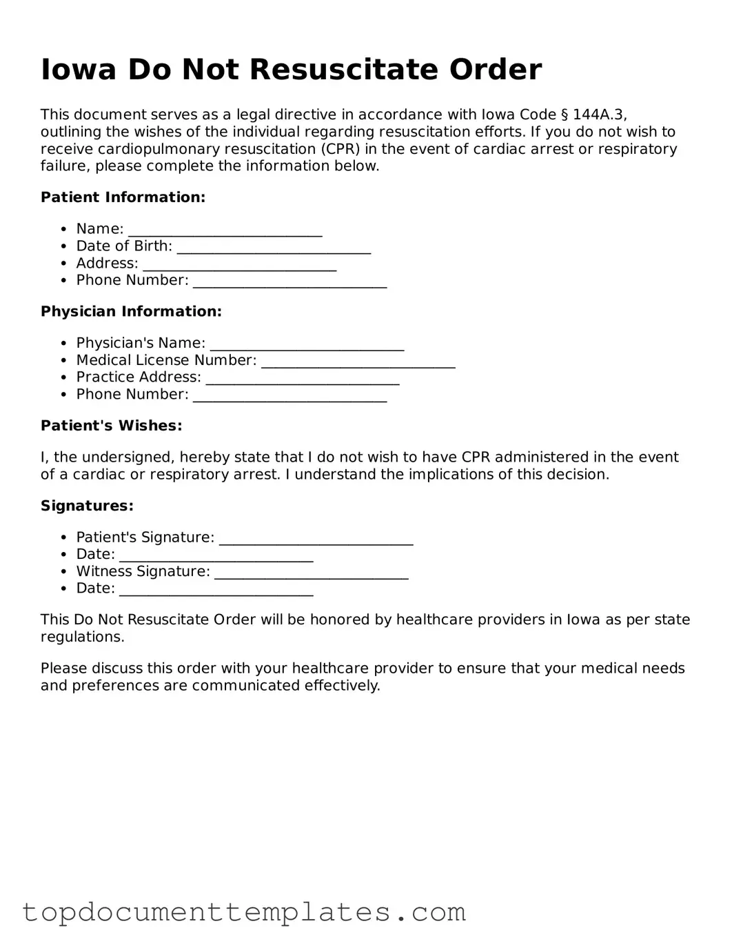 Valid Do Not Resuscitate Order Form for Iowa State