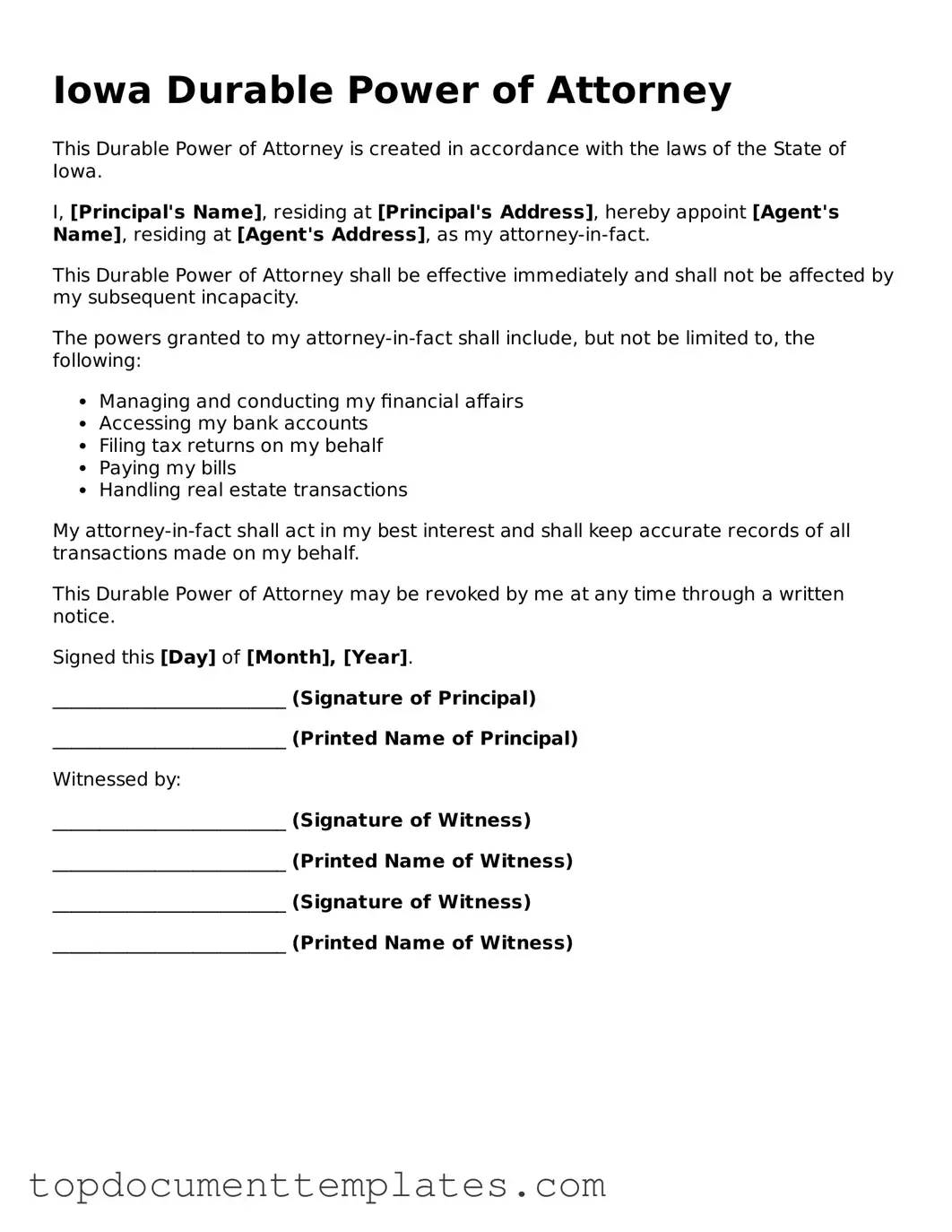 Valid Durable Power of Attorney Form for Iowa State