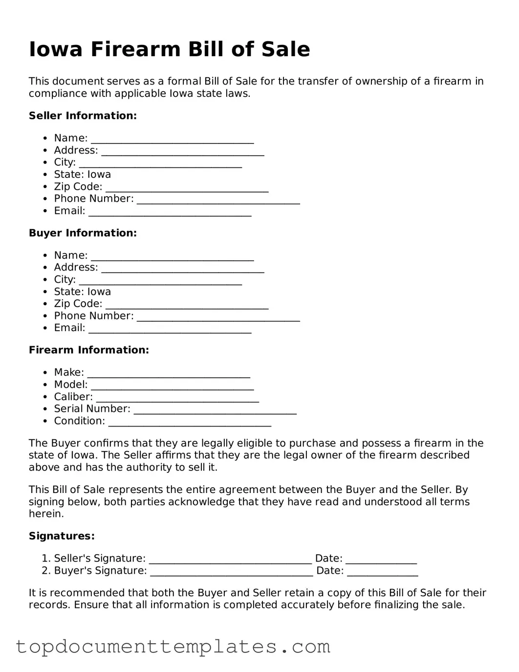 Valid Firearm Bill of Sale Form for Iowa State
