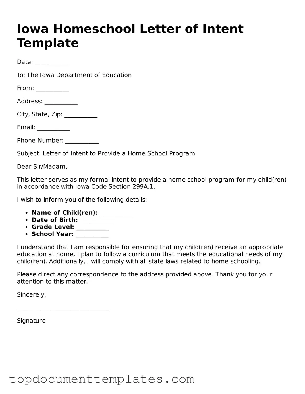 Valid Homeschool Letter of Intent Form for Iowa State