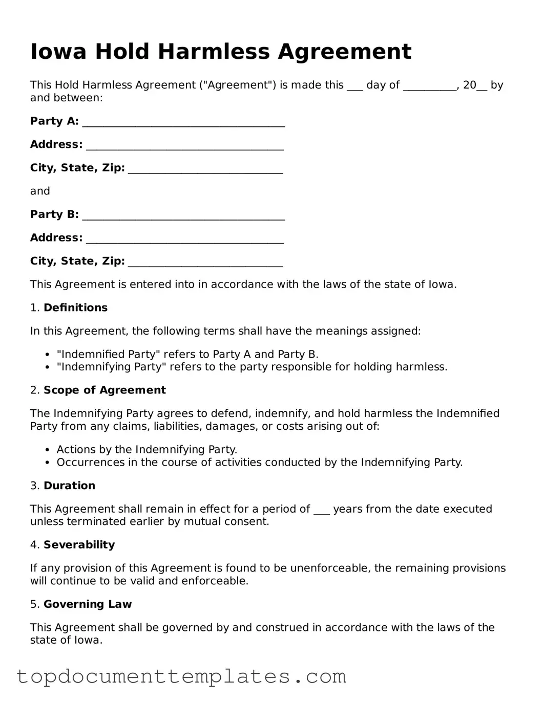 Valid Hold Harmless Agreement Form for Iowa State