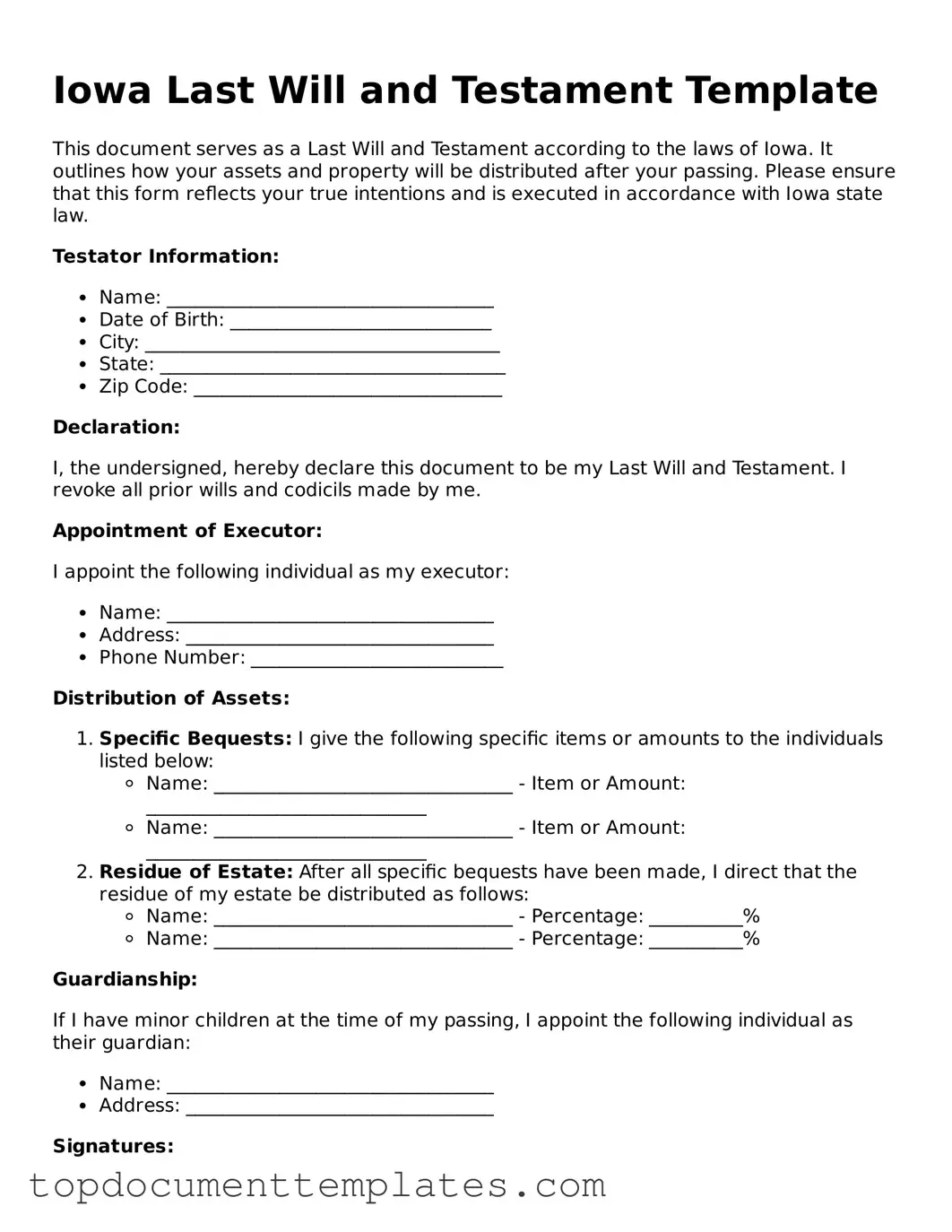 Valid Last Will and Testament Form for Iowa State