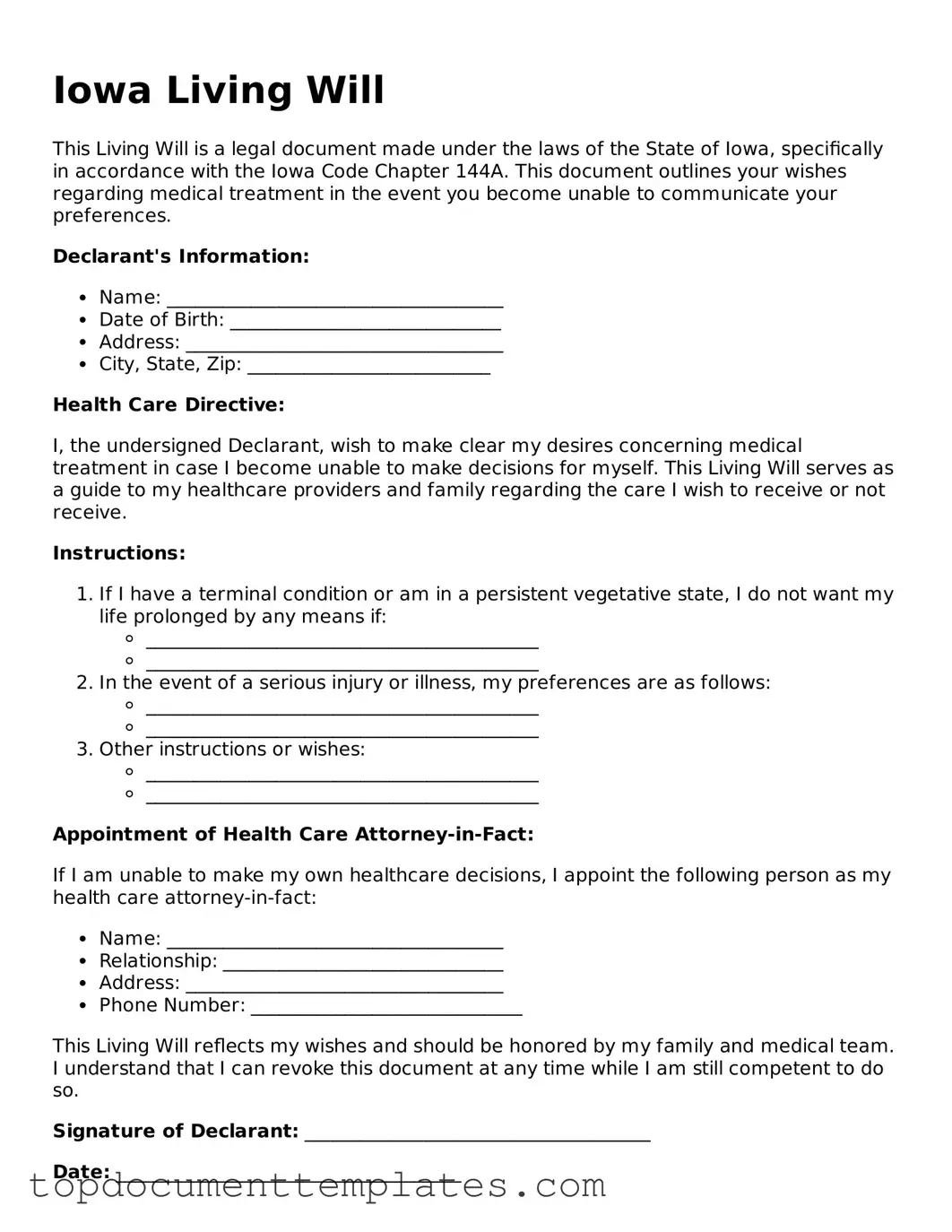 Valid Living Will Form for Iowa State
