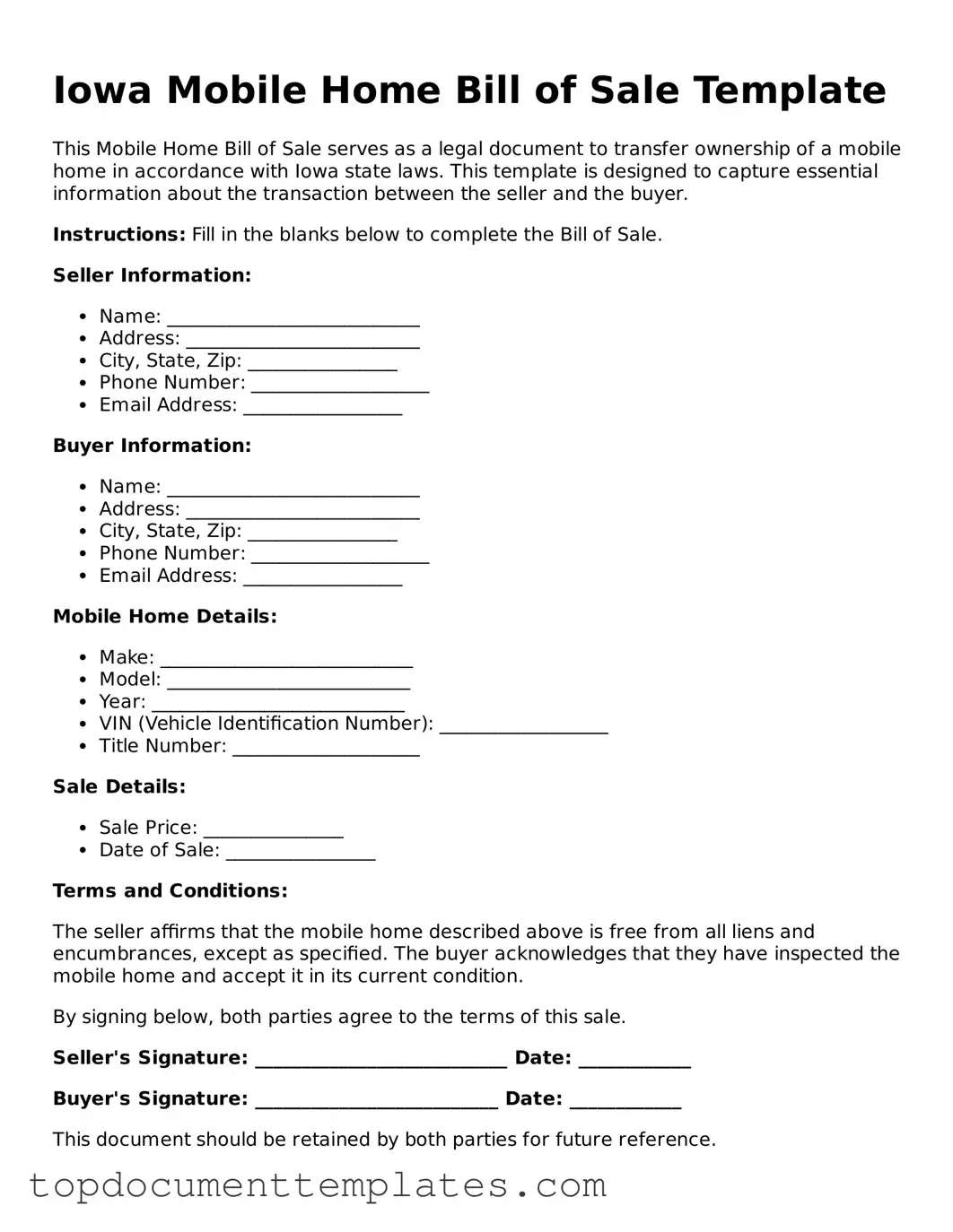 Valid Mobile Home Bill of Sale Form for Iowa State