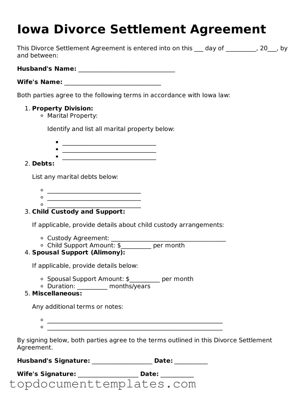 Valid Divorce Settlement Agreement Form for Iowa State